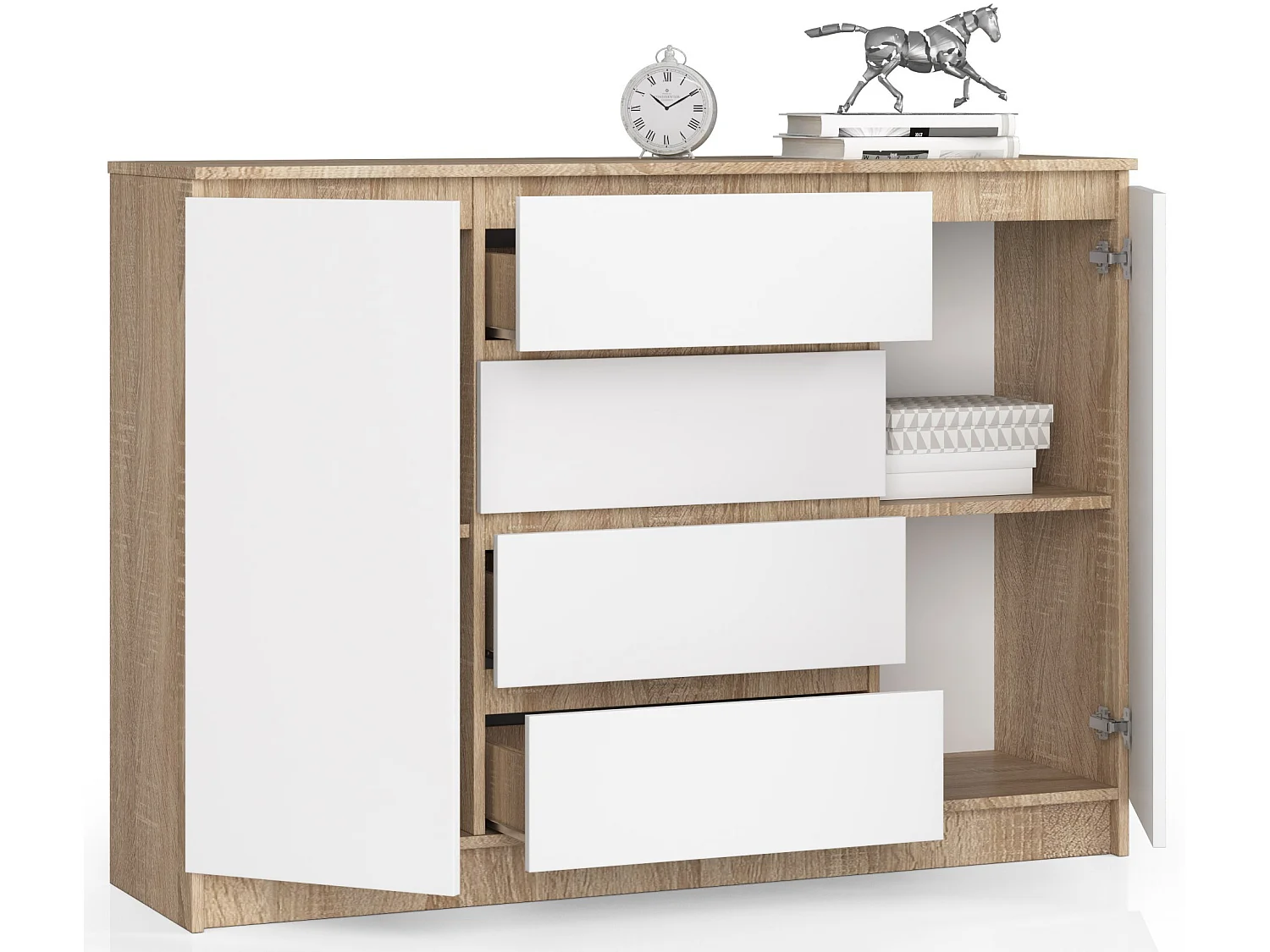 Kommode AKORD K140 Sonoma-Eiche 138 cm 2 Türen 4 Schubladen 4 Ebenen Front Weiß B138 x H99 x T40 cm