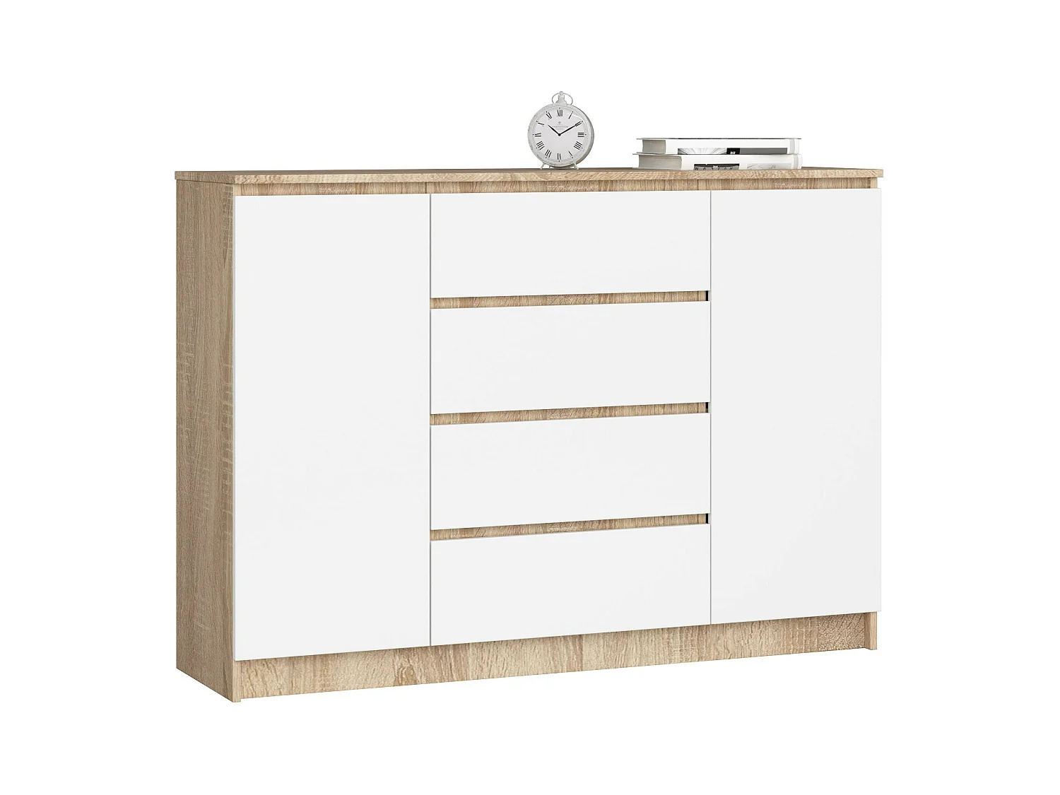 Commode AKORD K140 Chêne Sonoma 138 cm 2 portes 4 tiroirs façade Blanche 4 étagères 138x40x99 cm