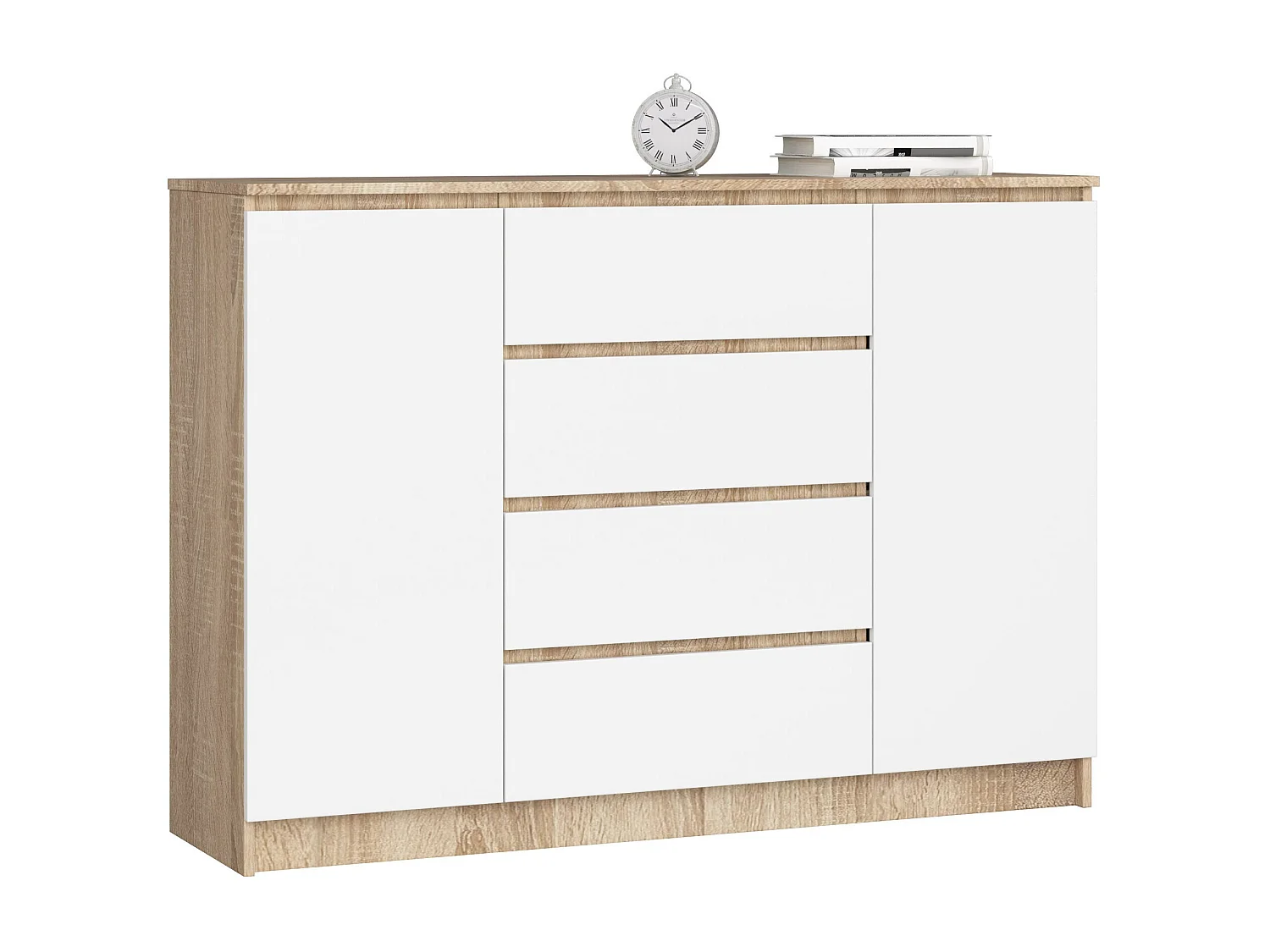 Commode AKORD K140 Chêne Sonoma 138 cm 2 portes 4 tiroirs façade Blanche 4 étagères 138x40x99 cm