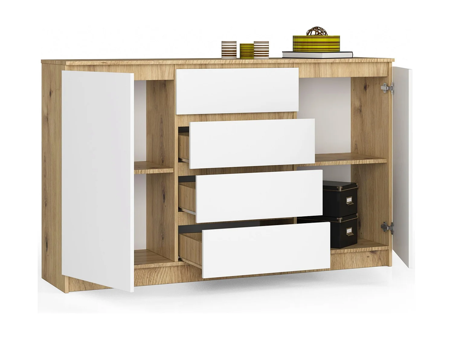 Cassettiera AKORD K160 Quercia Artisan 160 cm 2 ante 4 cassetti inserto frontale Bianco 160x40x99 cm