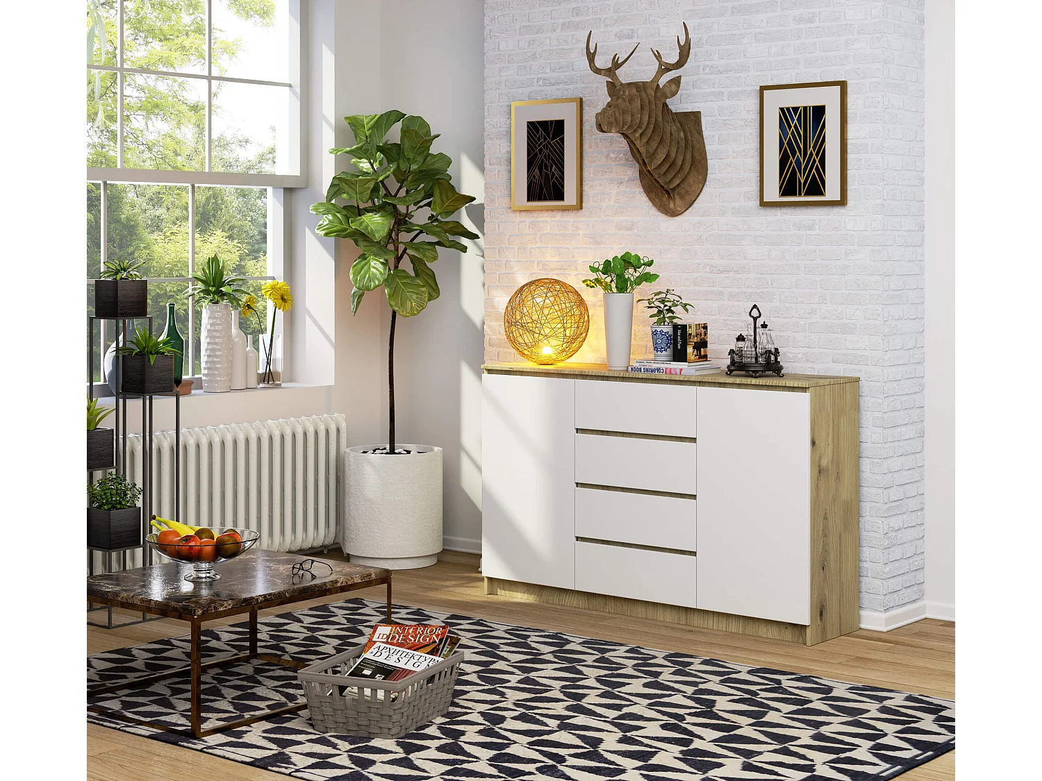 Cassettiera AKORD K160 Quercia Artisan 160 cm 2 ante 4 cassetti inserto frontale Bianco 160x40x99 cm