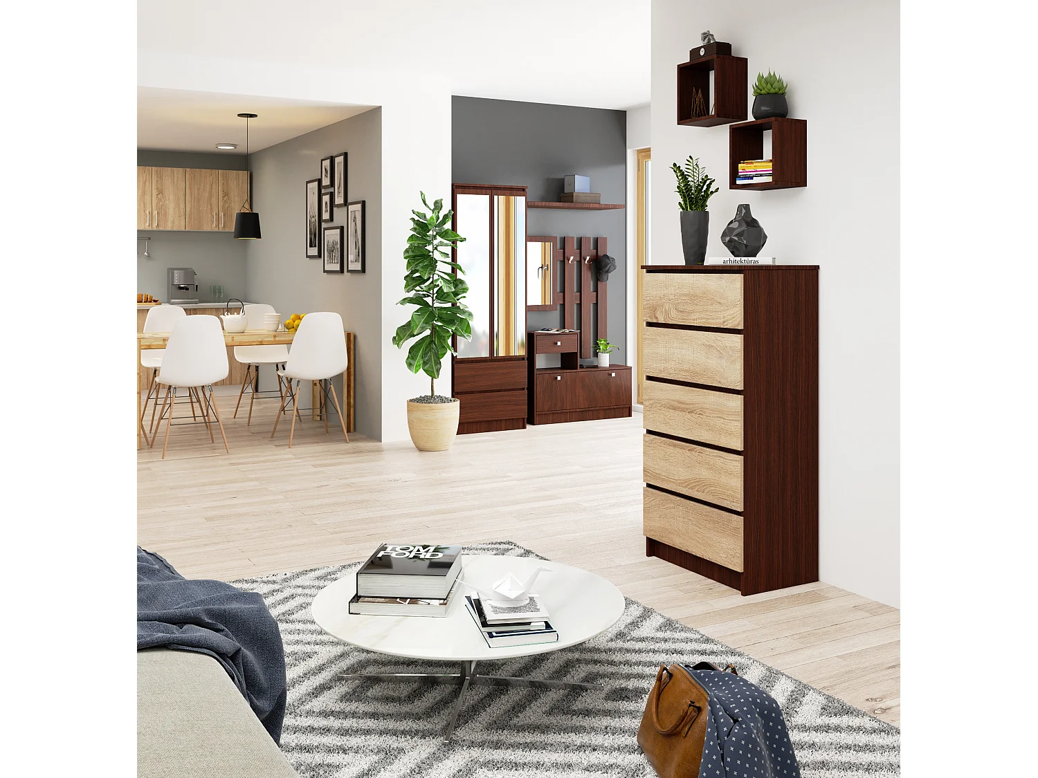 Commode AKORD K60 Wengé 60 cm 5 tiroirs façade Chêne Sonoma 60x40x121 cm