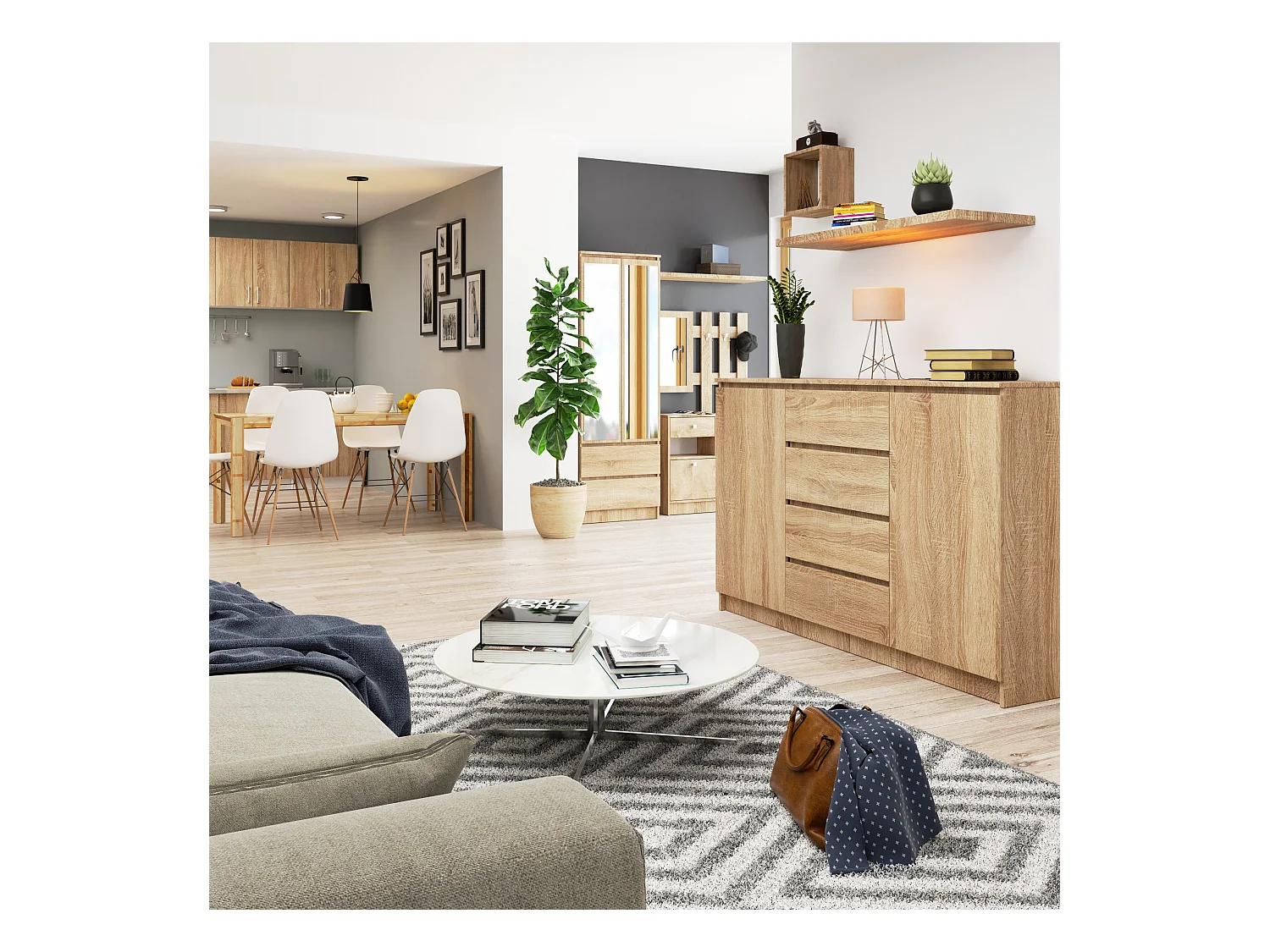 Kommode AKORD K160 Sonoma-Eiche 160 cm 2 Türen 4 Schubladen 4 Ebenen B160 x H99 x T40 cm