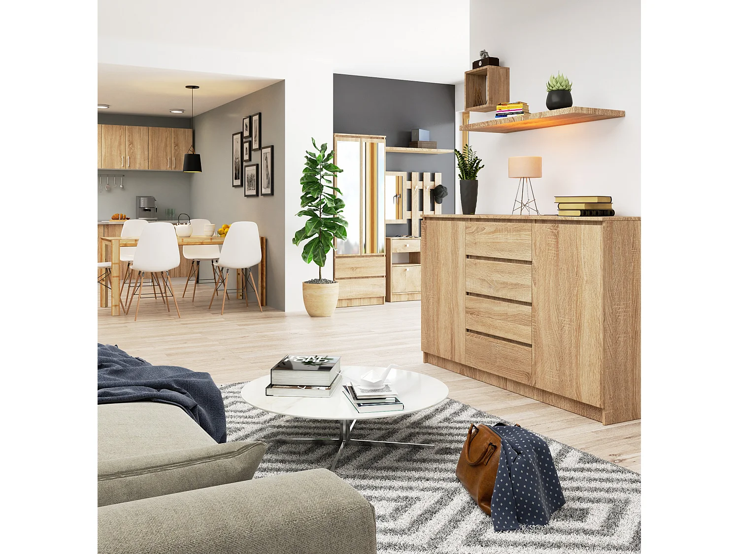 Ladekast K160 met 4 Lades en 2 Deuren / AKORD Furniture Factory / Sonoma Eik / 160 x 99 x 40 cm