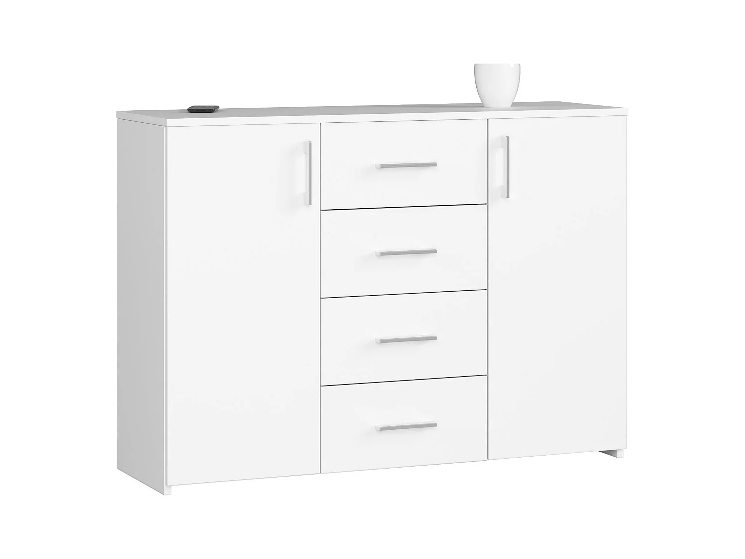 Commode AKORD K45 Blanche 110 cm 2 portes 4 tiroirs façade Blanche 4 étagères 110x35x80 cm