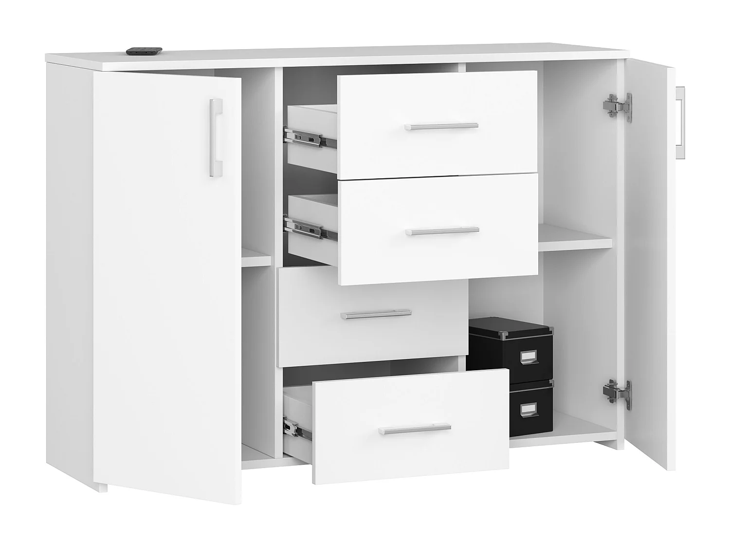 Kommode AKORD K45 Weiß 110 cm 2 Türen 4 Schubladen 4 Ebenen B110 x H80 x T35 cm