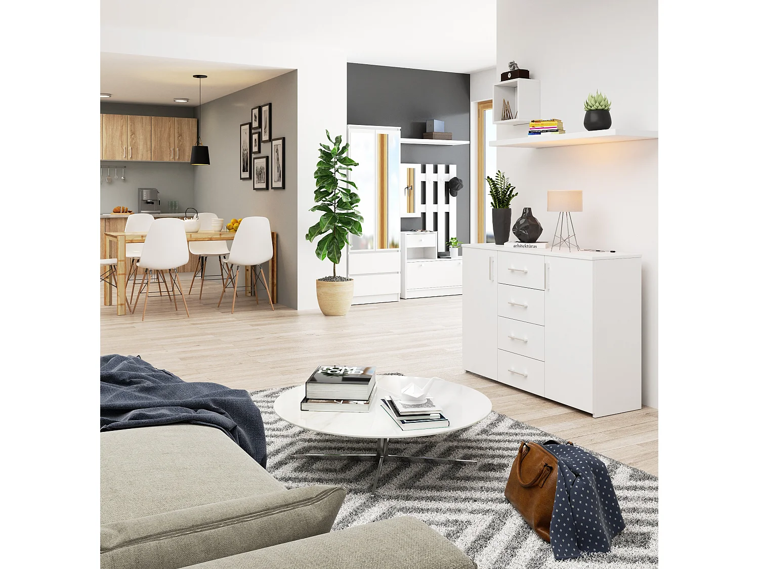 Commode AKORD K45 Blanche 110 cm 2 portes 4 tiroirs façade Blanche 4 étagères 110x35x80 cm