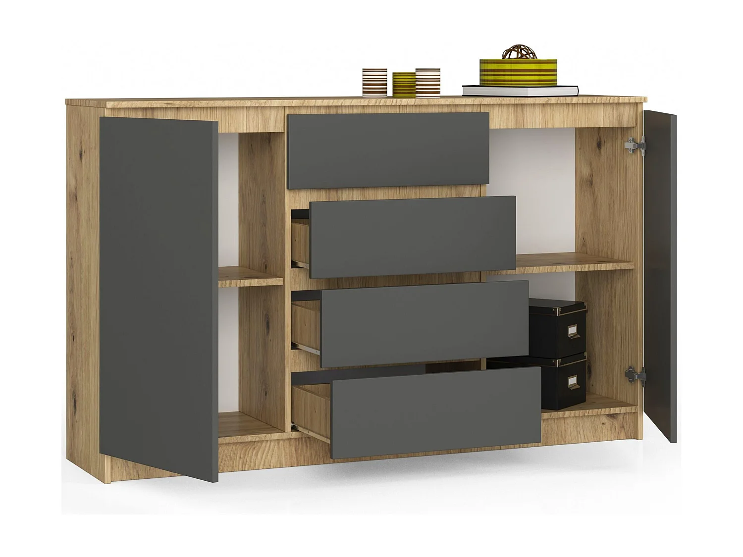 Cómoda AKORD K160 Roble Artisan 160 cm 2 puertas 4 cajones frente en color Grafito Gris 4 estantes 160x40x99 cm