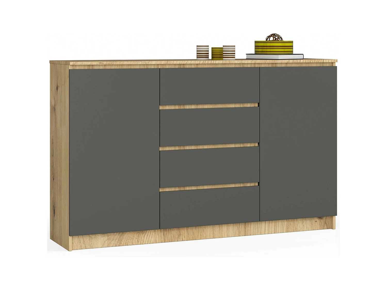 Grande Commode pour le salon AKORD K160 Chêne Artisan 160 cm 2 portes 4 tiroirs façade Gris Graphite 4 étagères 160x40x99 cm