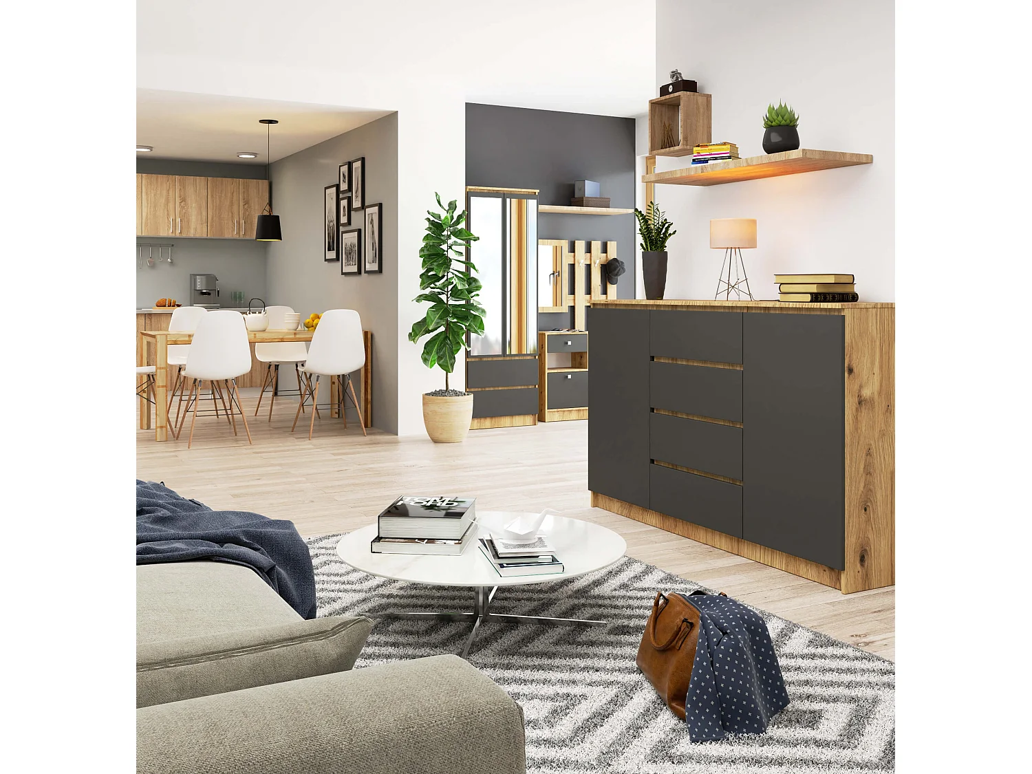 Grande Commode pour le salon AKORD K160 Chêne Artisan 160 cm 2 portes 4 tiroirs façade Gris Graphite 4 étagères 160x40x99 cm