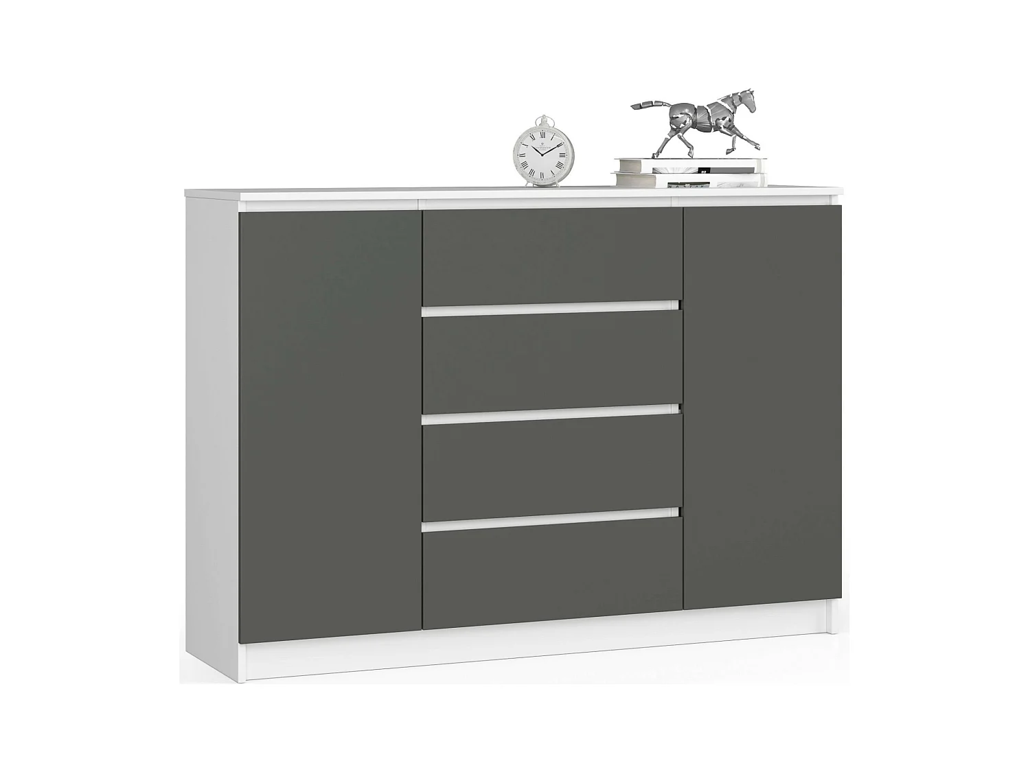Commode AKORD K140 Blanche 138 cm 2 portes 4 tiroirs façade Gris Graphite 4 étagères 138x40x99 cm