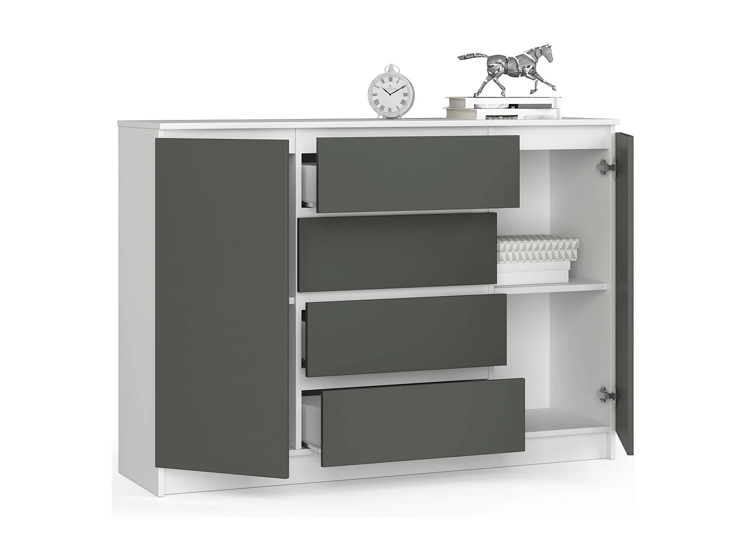 Cassettiera AKORD K140 Bianca 138 cm 2 ante 4 cassetti inserto frontale Grigio Grafite 138x40x99 cm