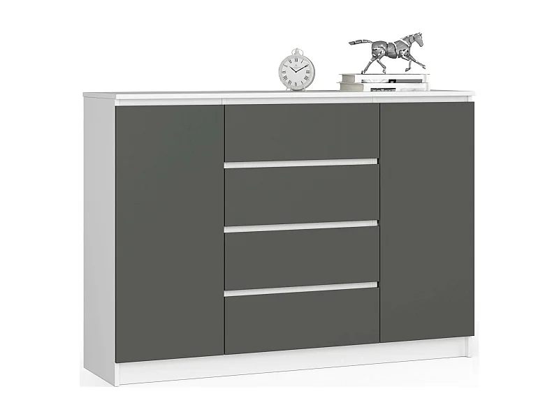 Ladekast K140 met 4 Lades en 2 Deuren / AKORD Furniture Factory / Wit - Grafietgrijs / 138 x 99 x 40 cm