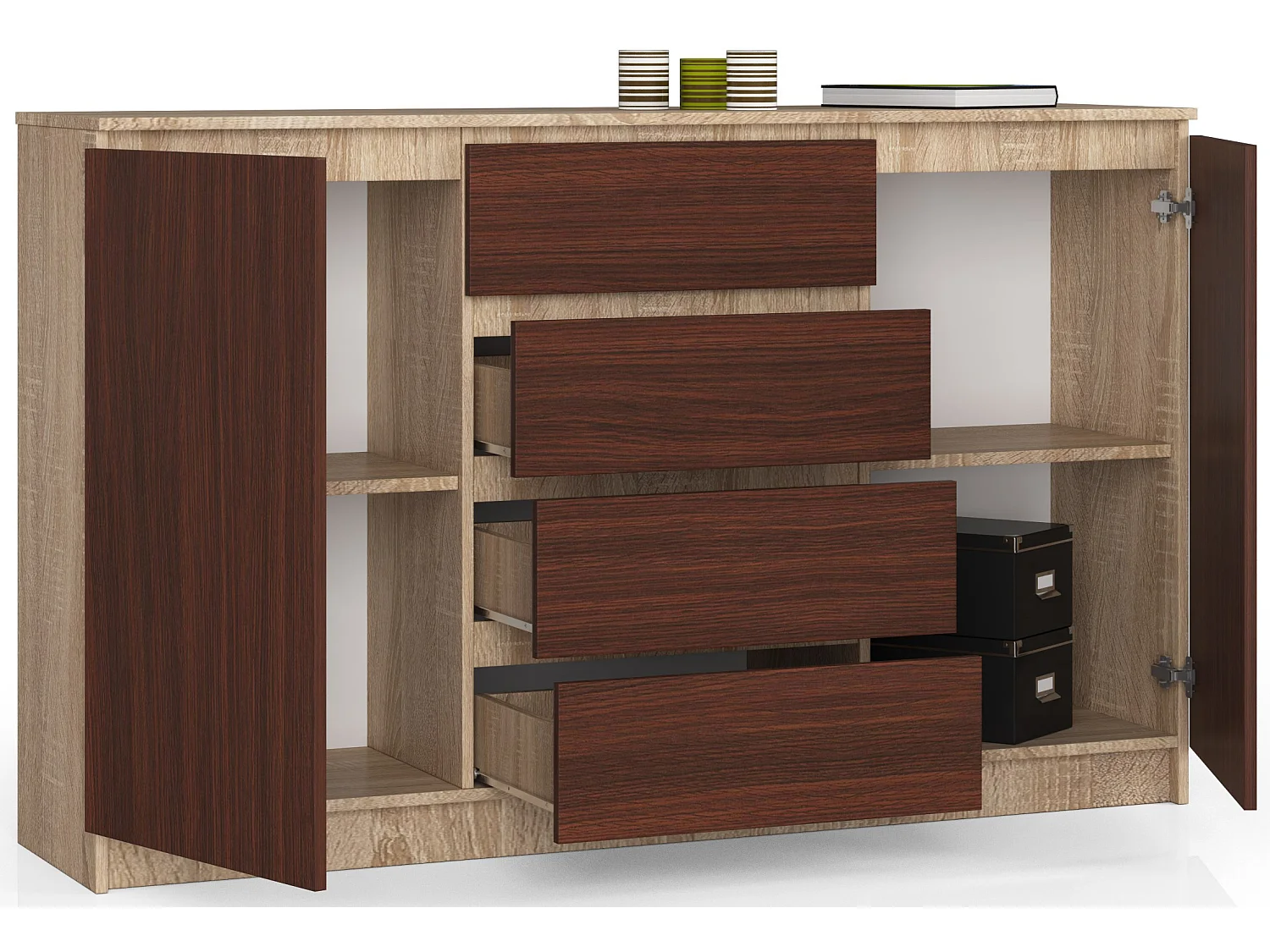 Komoda AKORD K160 Dąb Sonoma 160 cm 2 drzwi 4 szuflady kolor Wenge mat 4 półki 160x40x99 cm