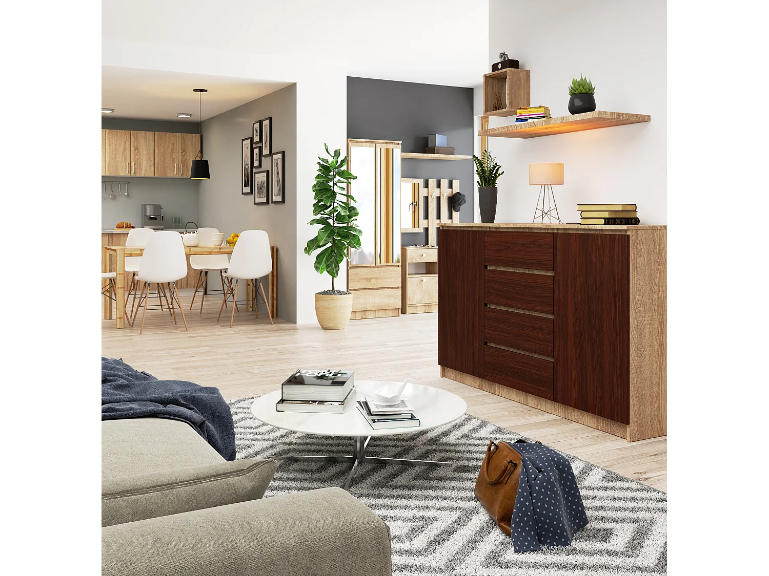 Komoda AKORD K160 Dąb Sonoma 160 cm 2 drzwi 4 szuflady kolor Wenge mat 4 półki 160x40x99 cm