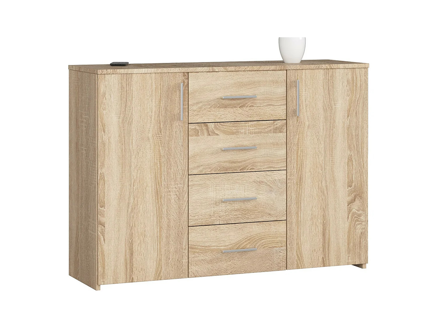 Commode AKORD K45 Chêne Sonoma 110 cm 2 portes 4 tiroirs façade Chêne Sonoma 4 étagères 110x35x80 cm