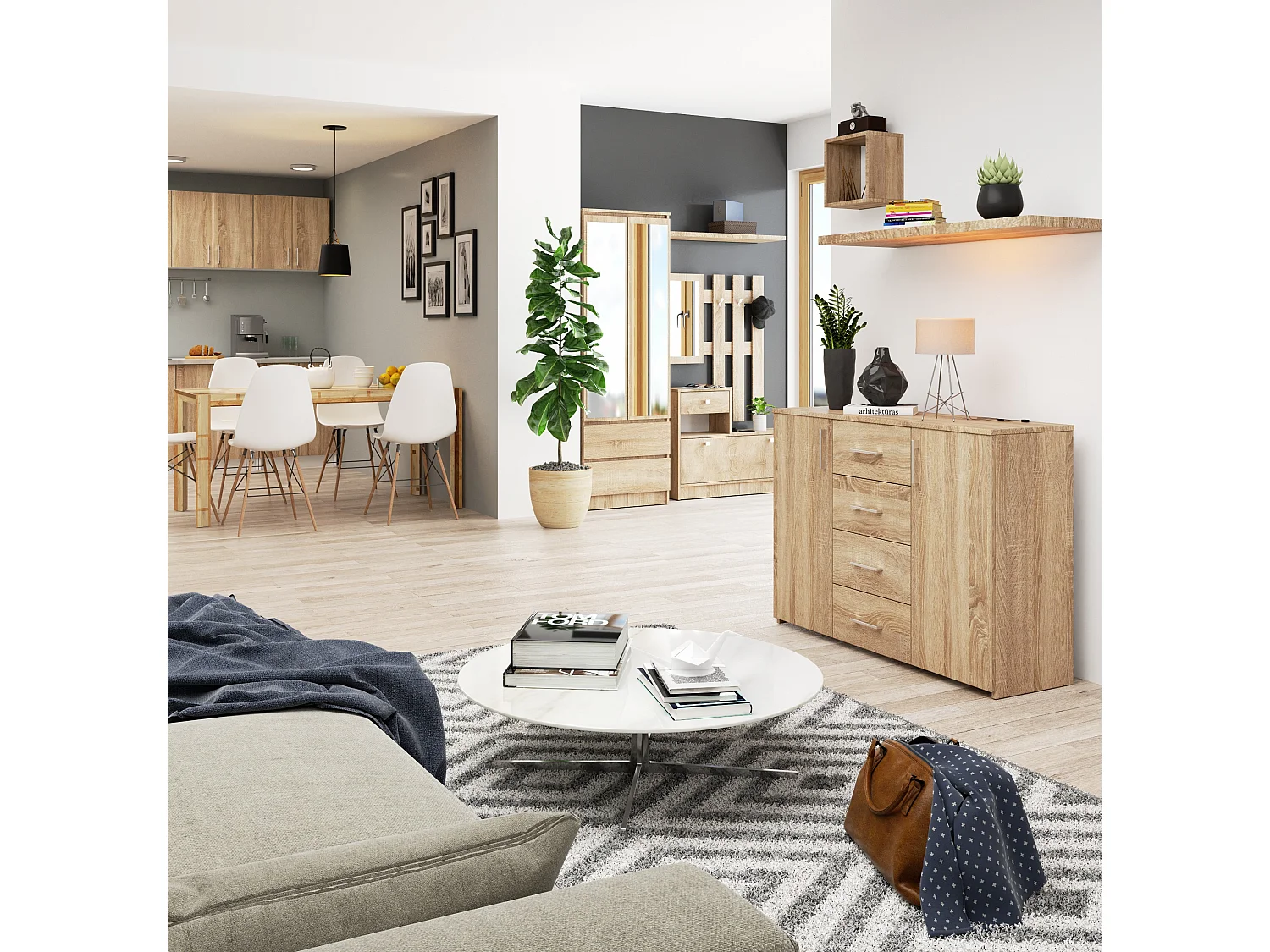 Ladekast K45 met 4 Lades en 2 Deuren / AKORD Furniture Factory / Sonoma Eik / 110 x 80 x 35 cm