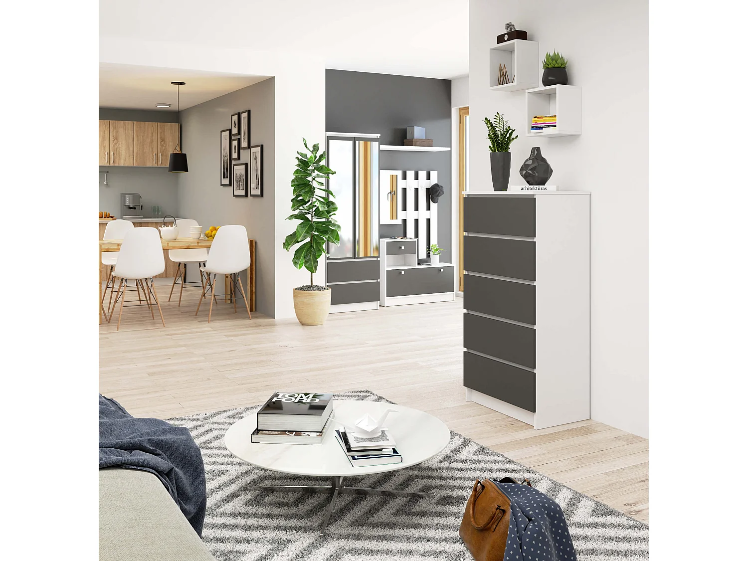 Cassettiera AKORD K60 Cassettiera Bianca 60 cm 5 cassetti inserto frontale Grigio Grafite 60x40x121 cm