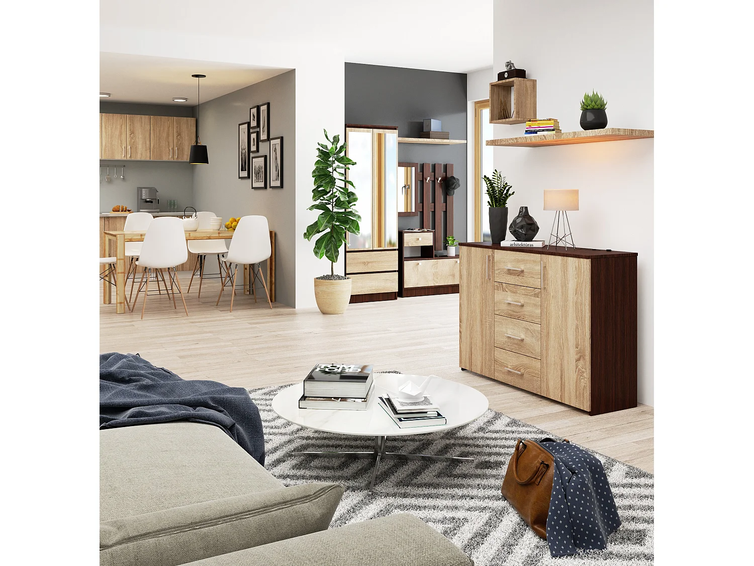 Cassettiera AKORD K45 Cassettiera Wengé 110 cm 2 ante 4 cassetti inserto frontale Sonoma Quercia 110x35x80 cm