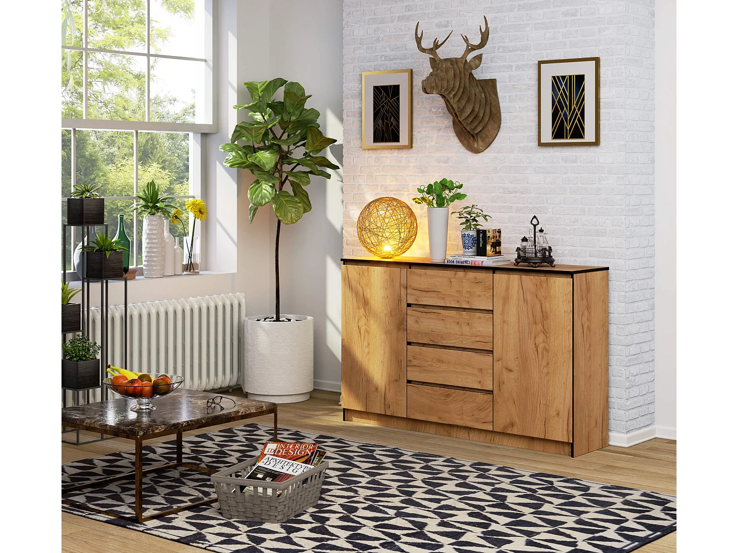 Kommode AKORD K160 Eiche Craft 160 cm 2 Türen 4 Schubladen 4 Ebenen B160 x H99 x T40 cm