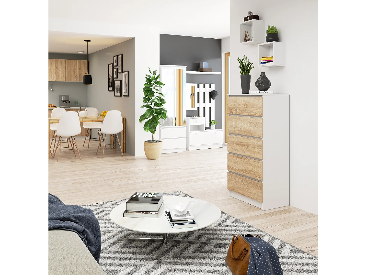 Kommode AKORD K60 Weiß 60 cm 5 Schubladen Front Sonoma-Eiche B60 x H121 x T40 cm