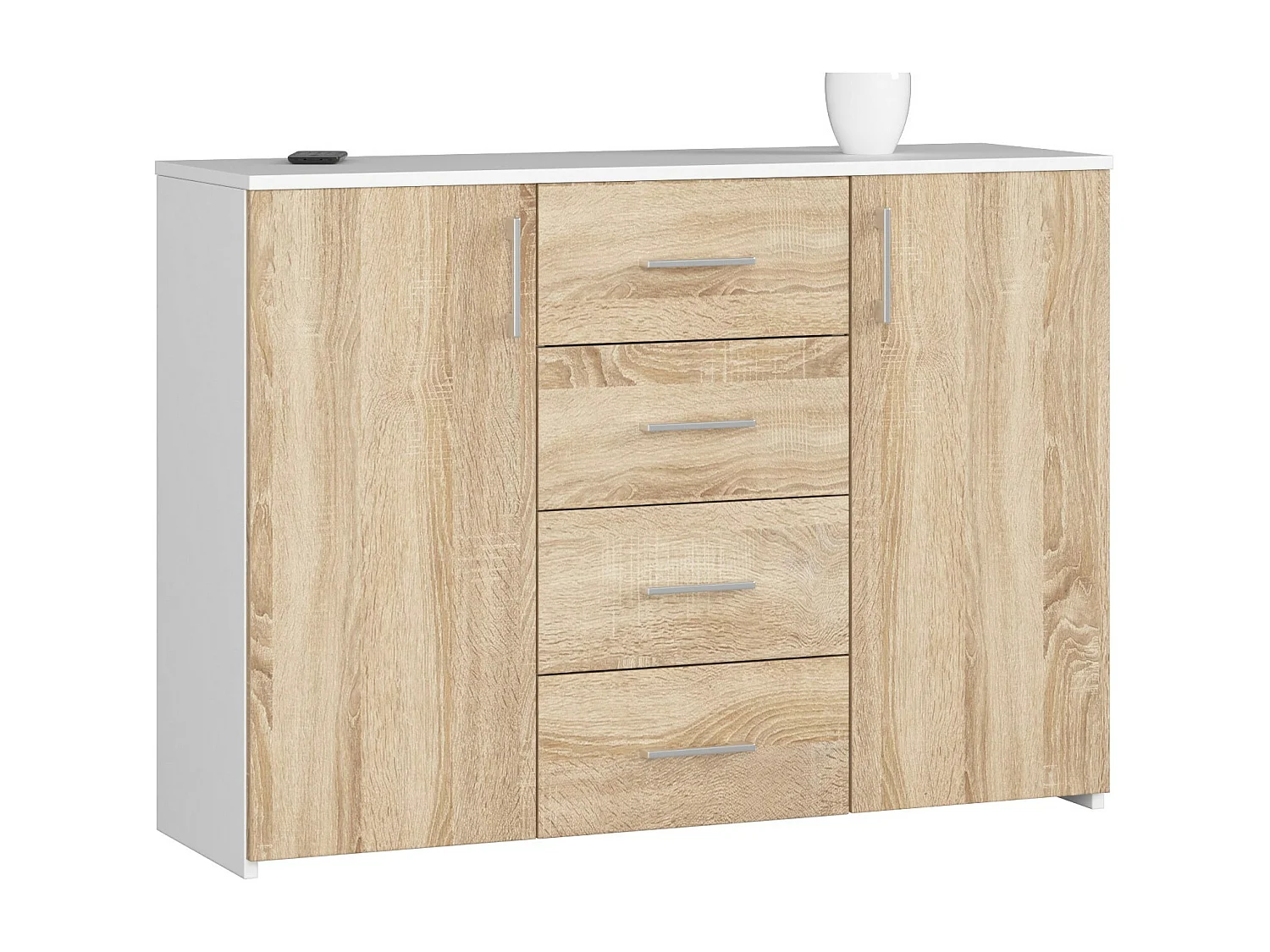 Cómoda AKORD K45 Blanco 110 cm 2 puertas 4 cajones frente en color Roble Sonoma 4 estantes 110x35x80 cm