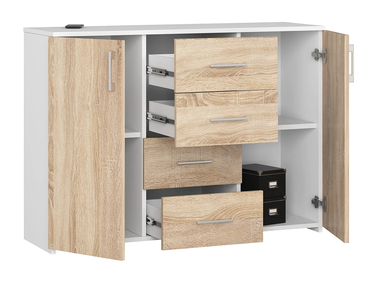 Cómoda AKORD K45 Blanco 110 cm 2 puertas 4 cajones frente en color Roble Sonoma 4 estantes 110x35x80 cm