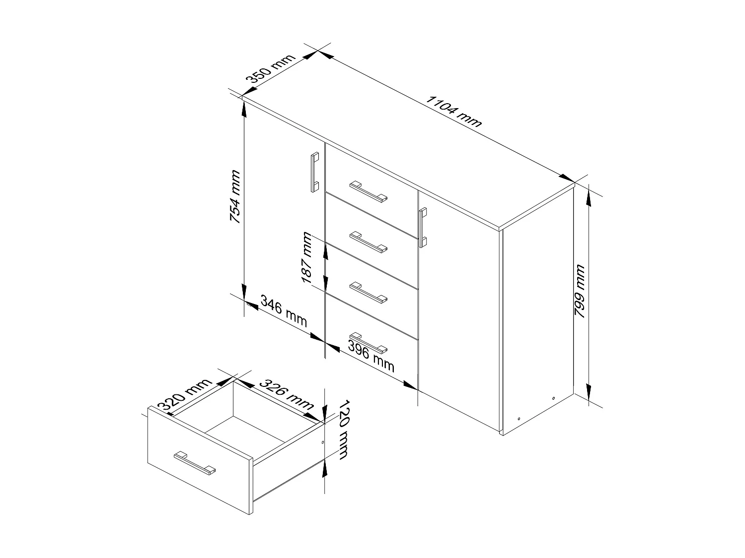 Cómoda AKORD K45 Blanco 110 cm 2 puertas 4 cajones frente en color Roble Sonoma 4 estantes 110x35x80 cm