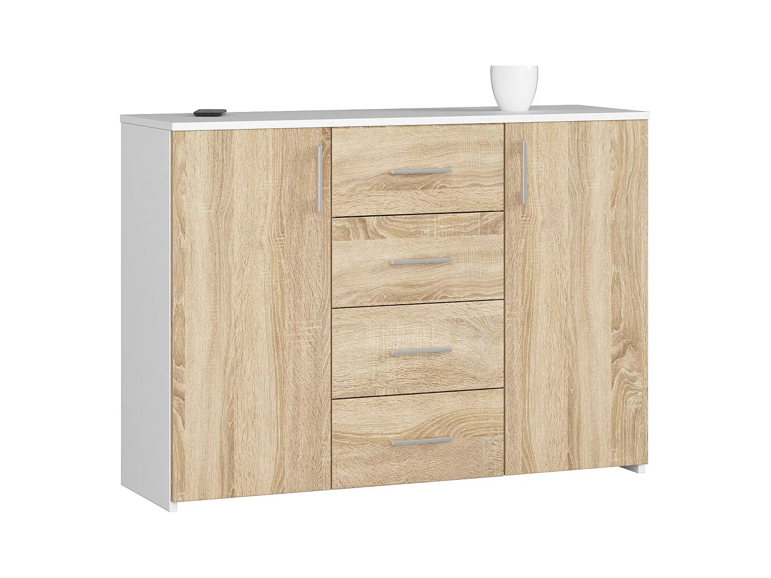 Commode AKORD K45 Blanche 110 cm 2 portes 4 tiroirs façade Chêne Sonoma 4 étagères 110x35x80 cm