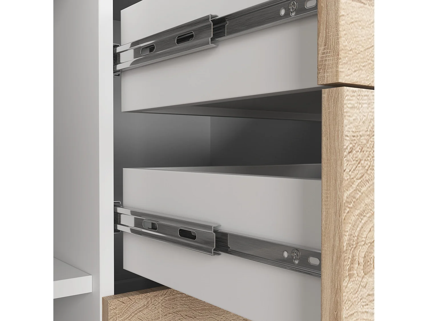 Commode AKORD K45 Blanche 110 cm 2 portes 4 tiroirs façade Chêne Sonoma 4 étagères 110x35x80 cm