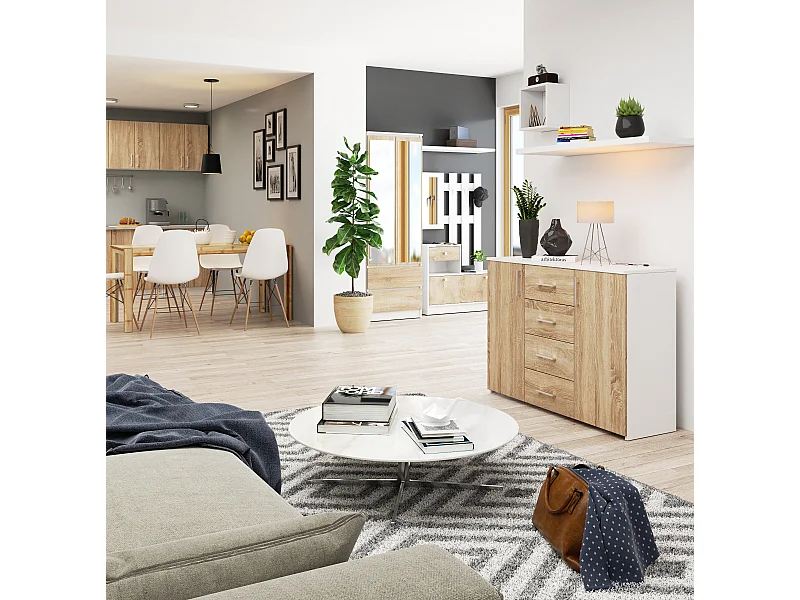 Ladekast K45 met 4 Lades en 2 Deuren / AKORD Furniture Factory / Wit – Sonoma Eik / 110 x 80 x 35 cm