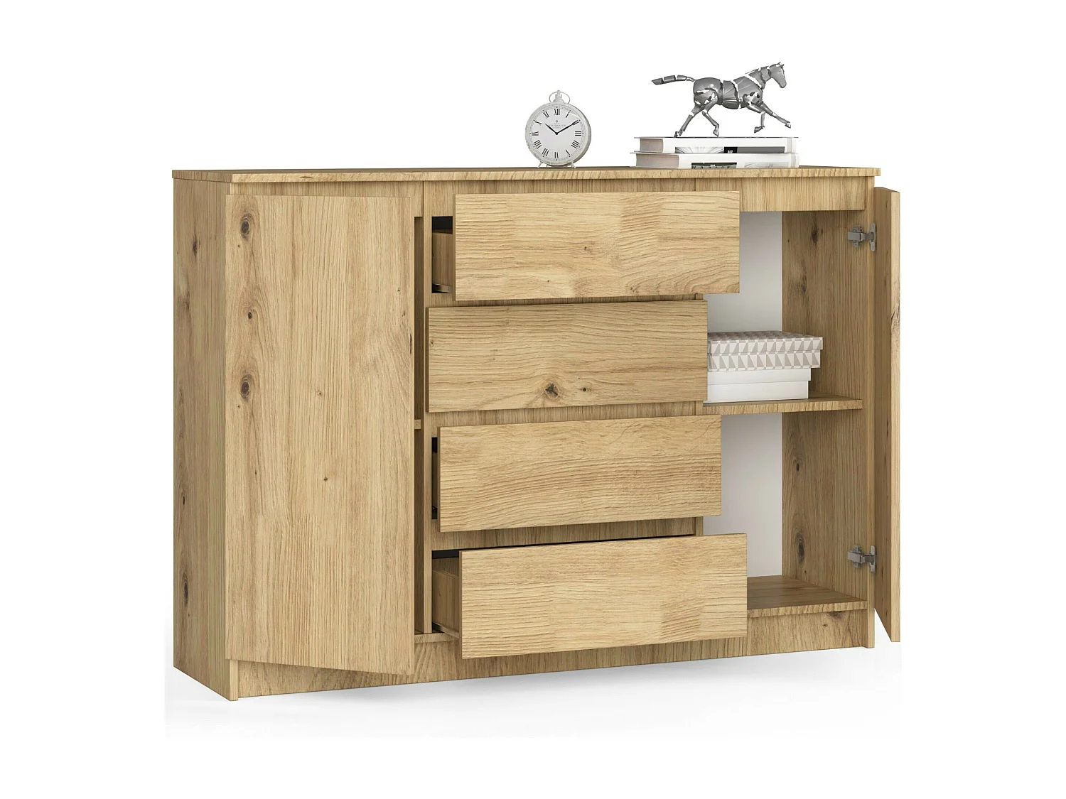 Commode AKORD K140 Chêne Artisan 138 cm 2 portes 4 tiroirs façade Chêne Artisan 4 étagères 138x40x99 cm
