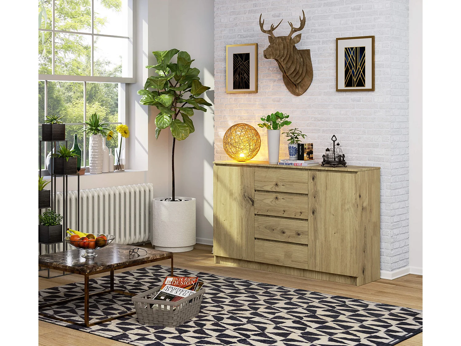 Cómoda AKORD K160 Roble Artisan 160 cm 2 puertas 4 cajones frente en color Roble Artisan 4 estantes 160x40x99 cm