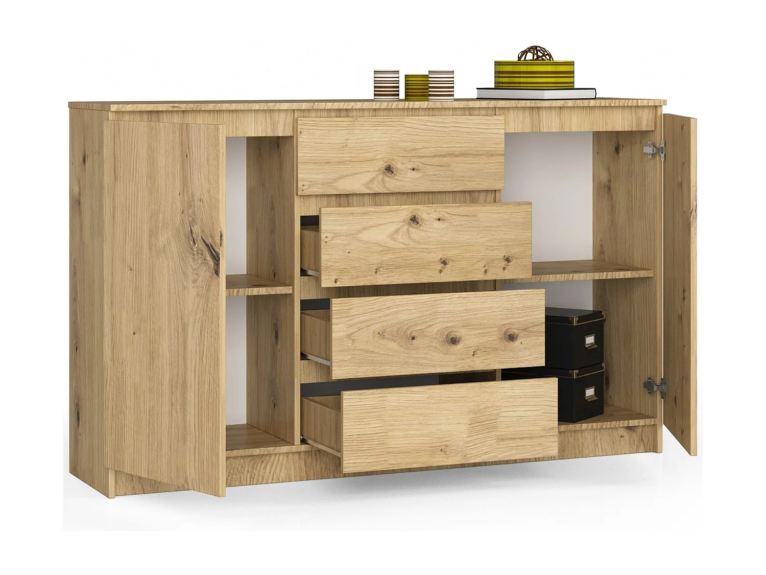 Grande Commode pour le salon AKORD K160 Chêne Artisan 160 cm 2 portes 4 tiroirs façade Chêne Artisan 4 étagères 160x40x99 cm