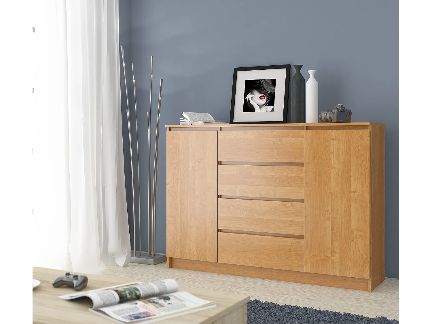 Commode AKORD K140 Aulne 138 cm 2 portes 4 tiroirs façade Aulne 4 étagères 138x40x99 cm