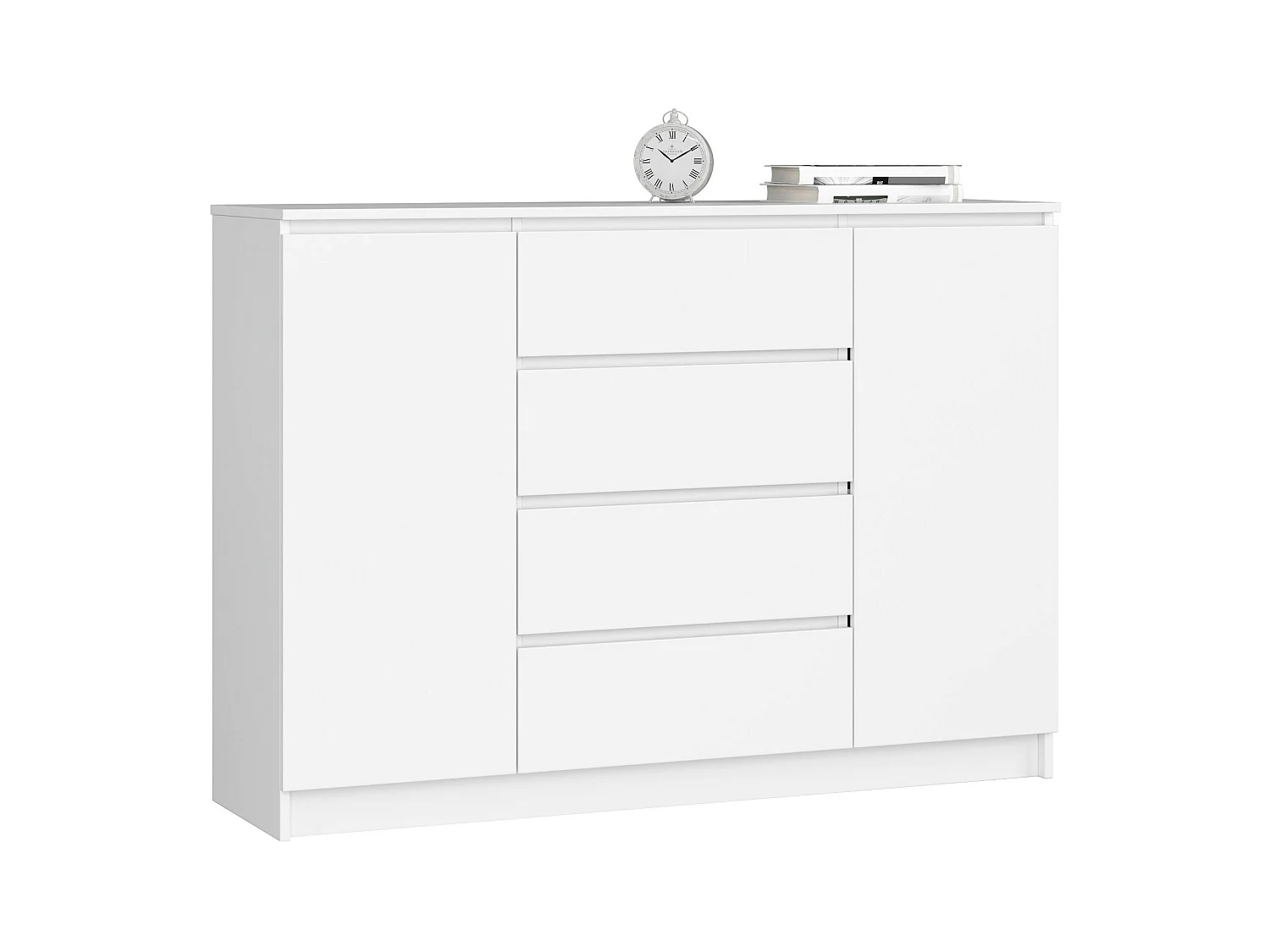 Commode AKORD K140 Blanche 138 cm 2 portes 4 tiroirs façade Blanche 4 étagères 138x40x99 cm