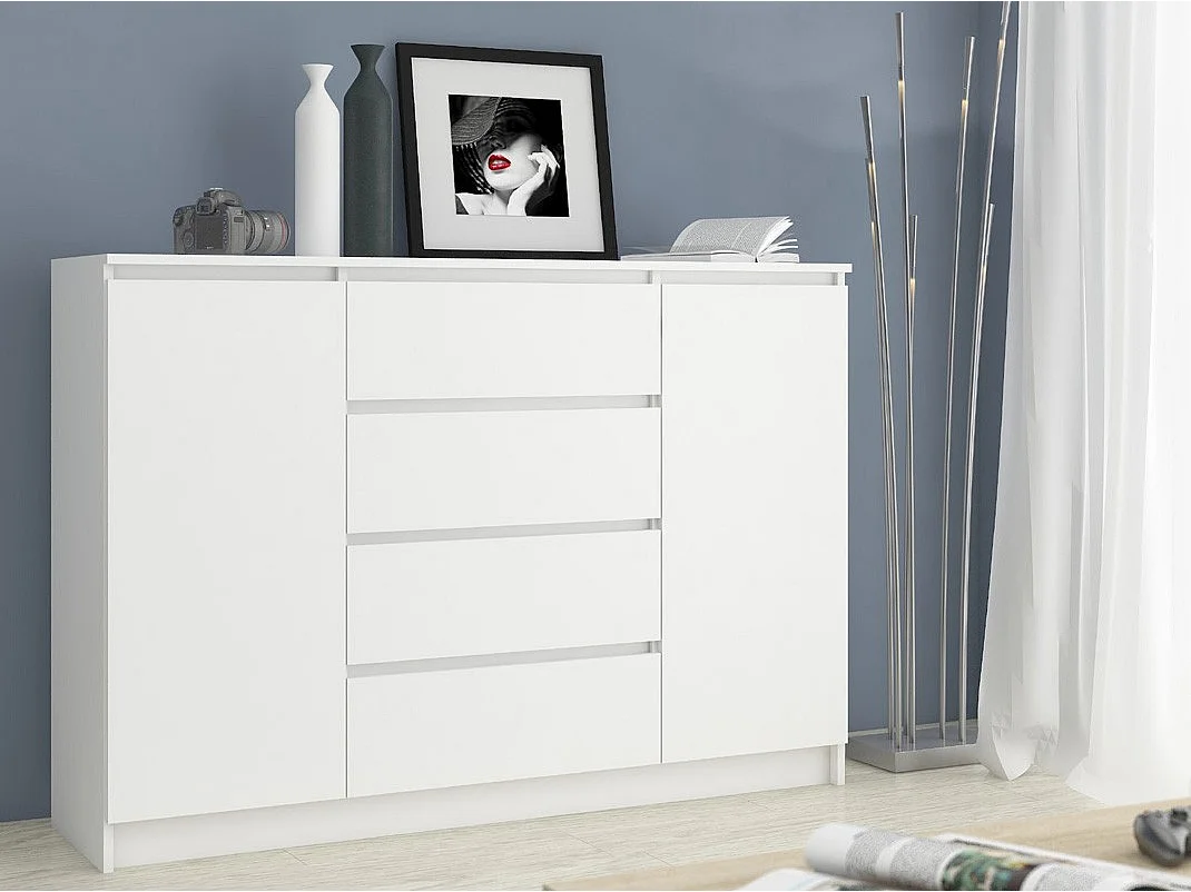 Witte Moderne Opbergkast K140 - 4 Lades en 2 Deuren - Mat Afwerking - 138x99x40 cm