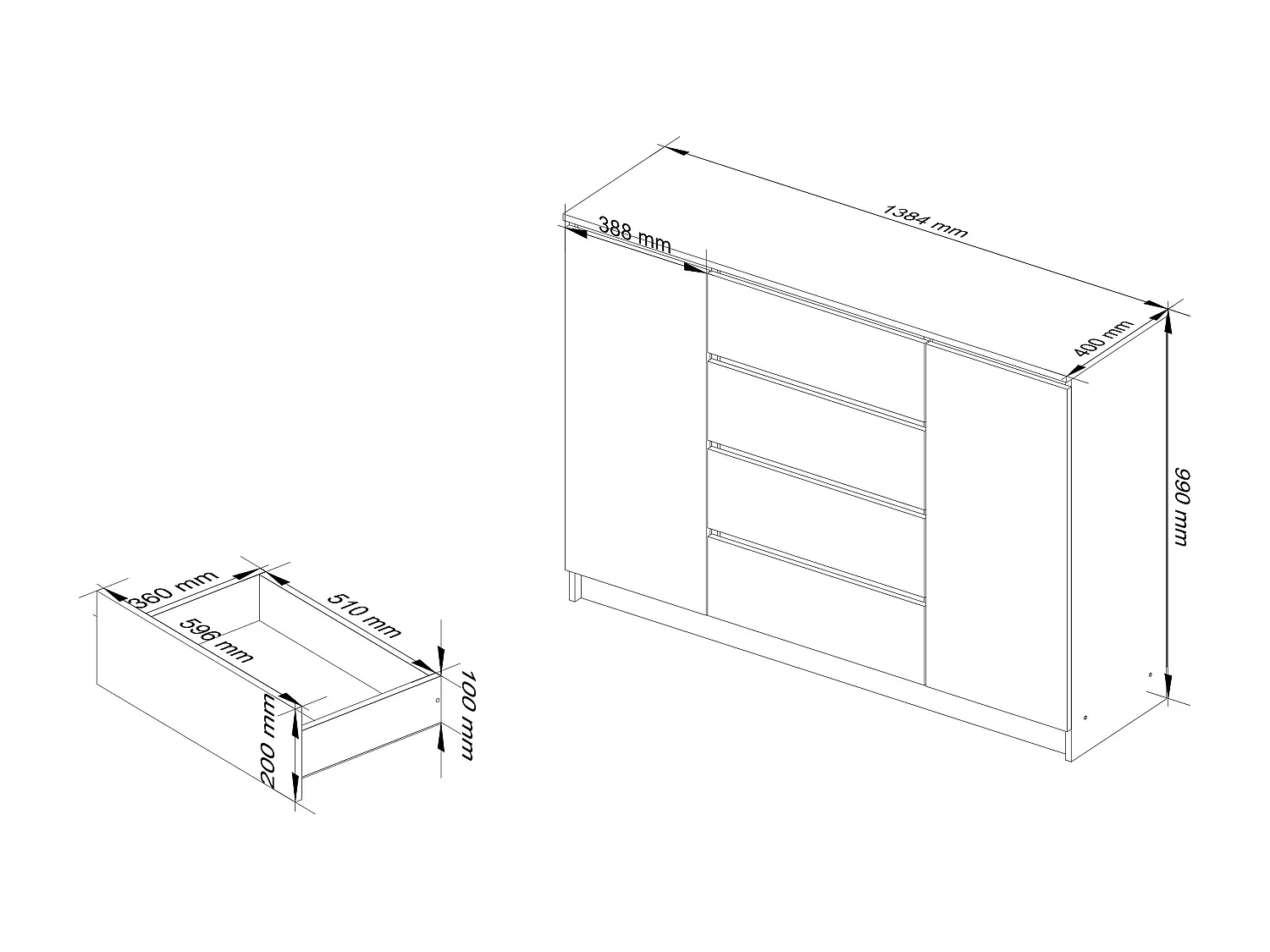 Ladekast K140 met 4 Lades en 2 Deuren / AKORD Furniture Factory / Wit / 138 x 99 x 40 cm