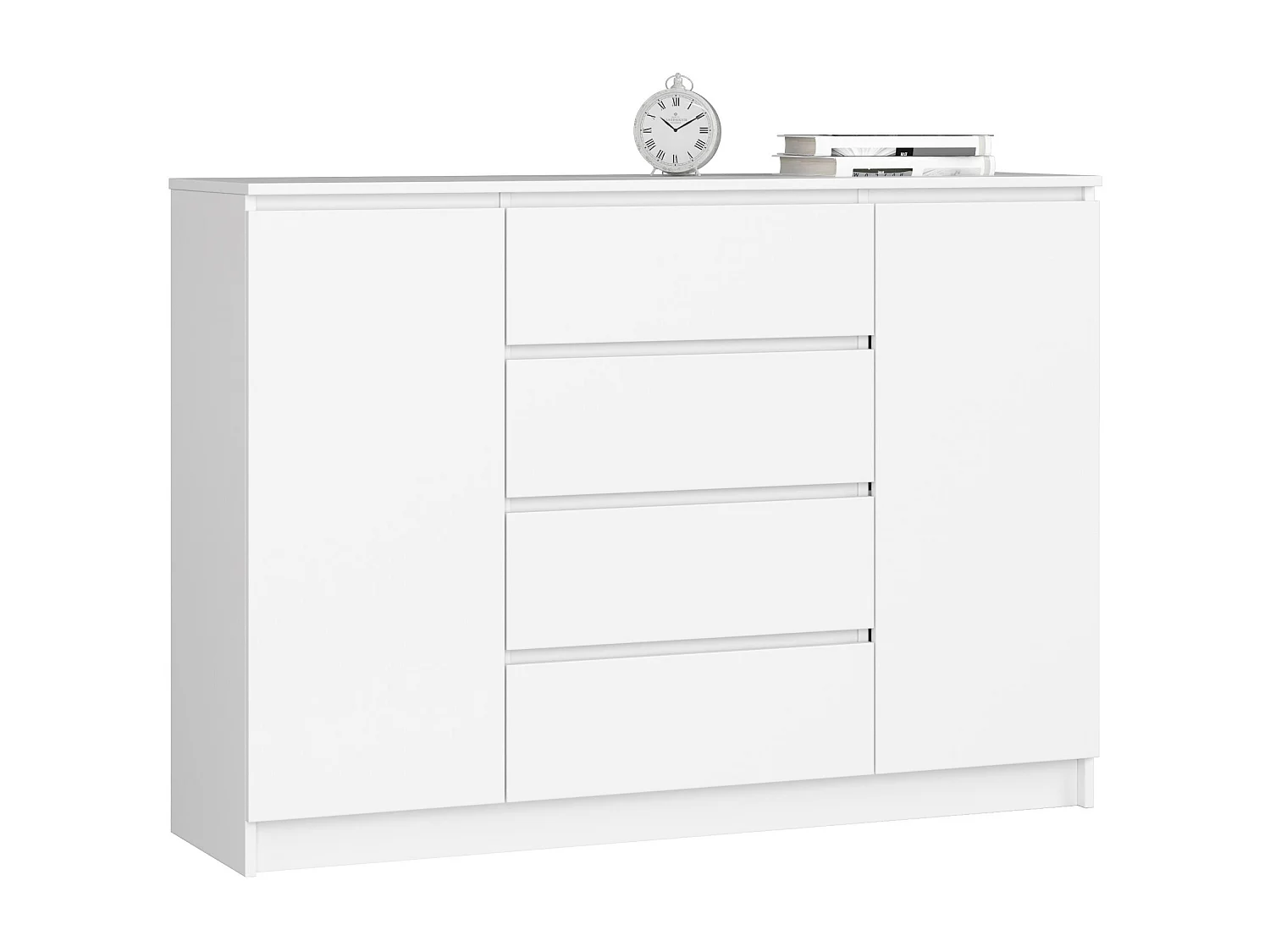 Commode AKORD K140 Blanche 138 cm 2 portes 4 tiroirs façade Blanche 4 étagères 138x40x99 cm