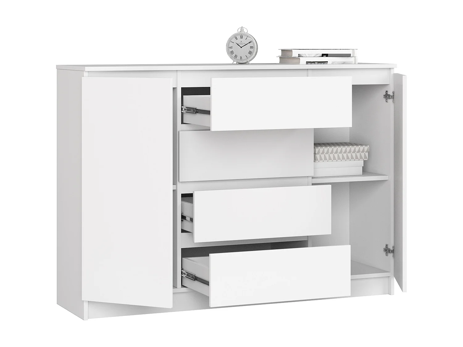 Commode AKORD K140 Blanche 138 cm 2 portes 4 tiroirs façade Blanche 4 étagères 138x40x99 cm