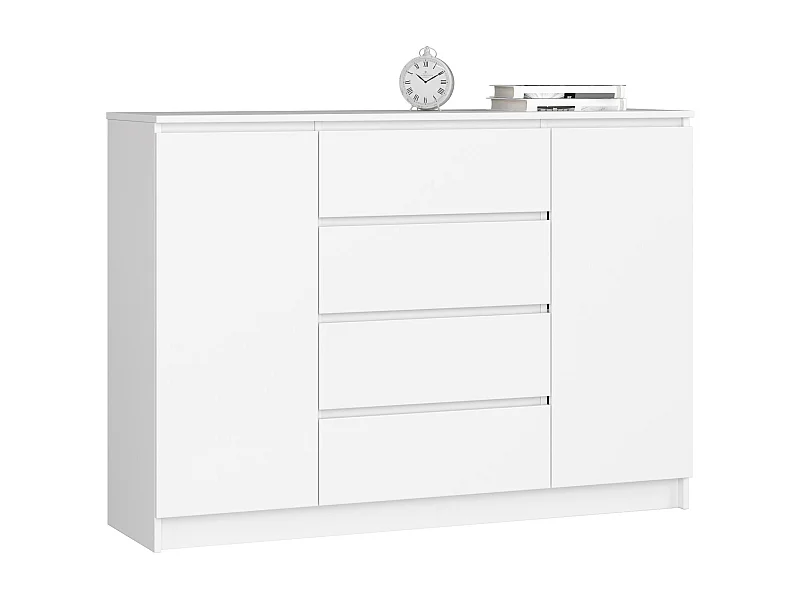 Commode AKORD K140 Blanche 138 cm 2 portes 4 tiroirs façade Blanche 4 étagères 138x40x99 cm