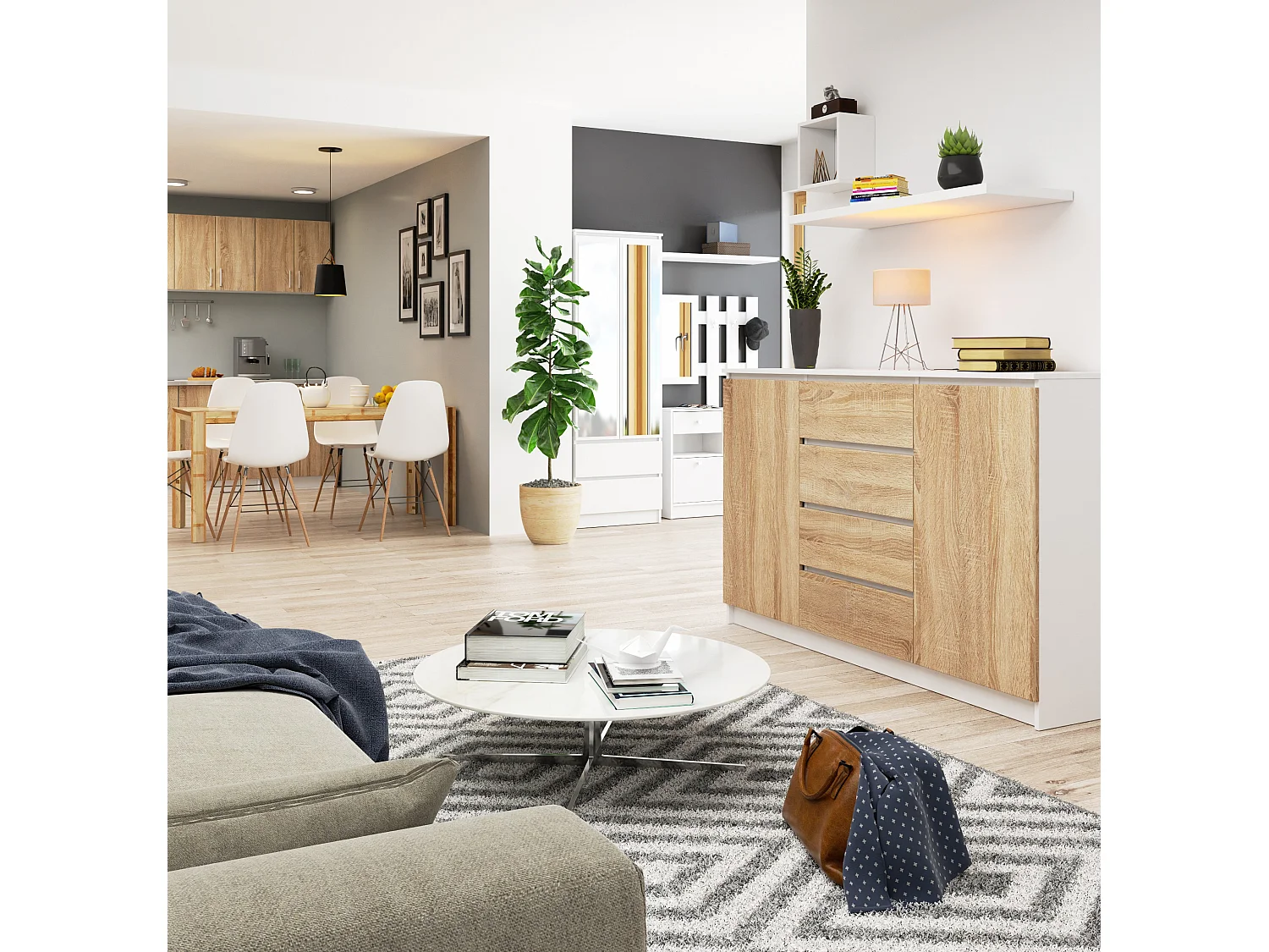 Kommode AKORD K160 Weiß 160 cm 2 Türen 4 Schubladen 4 Ebenen Front Sonoma-Eiche B160 x H99 x T40 cm