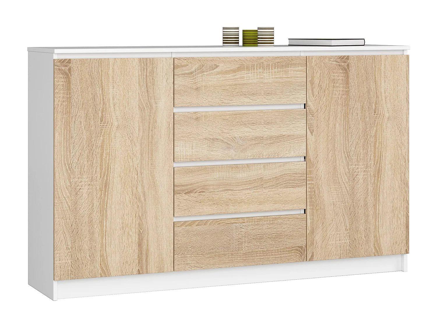 Grande Commode pour le salon AKORD K160 Blanche 160 cm 2 portes 4 tiroirs façade Chêne Sonoma 4 étagères 160x40x99 cm
