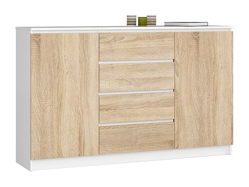 Grande Commode pour le salon AKORD K160 Blanche 160 cm 2 portes 4 tiroirs façade Chêne Sonoma 4 étagères 160x40x99 cm