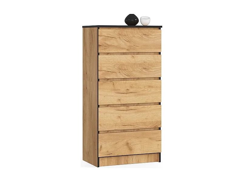 Kommode K60 5Laden in Mat Eik Craft, 60x121x40 cm - Zelfmontage houten ladekast met ABS-randen en veiligheidssloten - Ideaal voor woon-, slaap- en kantoorruimte