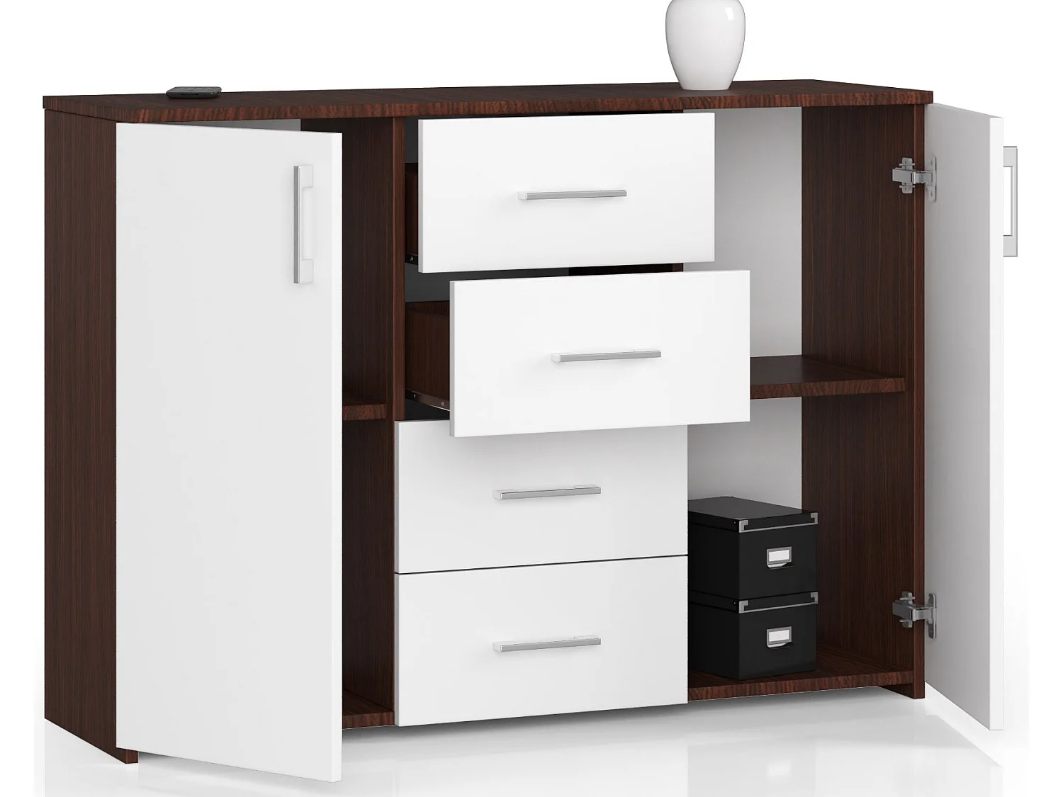 Cassettiera AKORD K45 Cassettiera Wengé 110 cm 2 ante 4 cassetti inserto frontale Bianco 110x35x80 cm