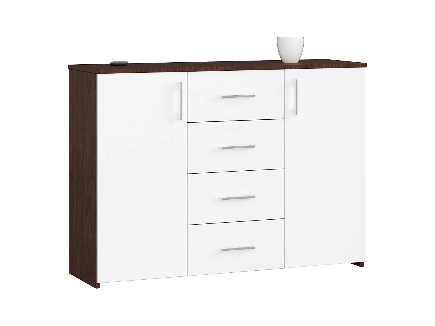Commode AKORD K45 Wengé 110 cm 2 portes 4 tiroirs façade Blanche 4 étagères 110x35x80 cm