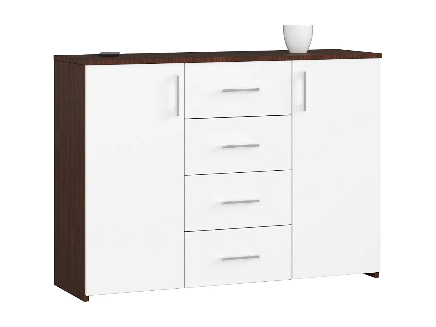 Commode AKORD K45 Wengé 110 cm 2 portes 4 tiroirs façade Blanche 4 étagères 110x35x80 cm