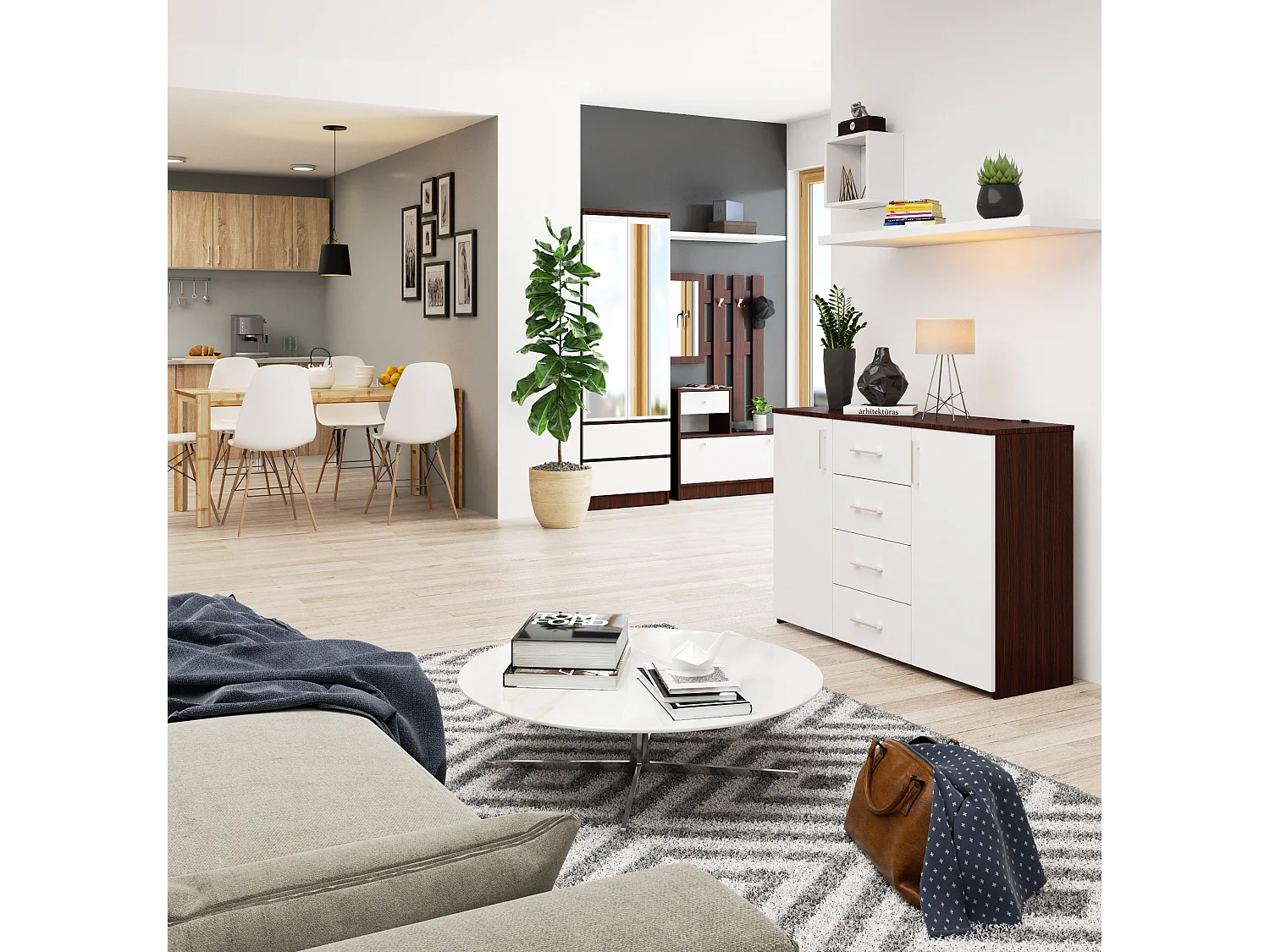 Commode AKORD K45 Wengé 110 cm 2 portes 4 tiroirs façade Blanche 4 étagères 110x35x80 cm