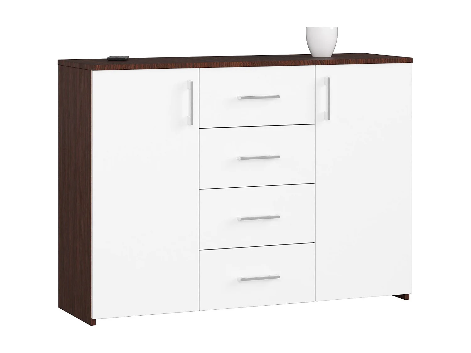Commode AKORD K45 Wengé 110 cm 2 portes 4 tiroirs façade Blanche 4 étagères 110x35x80 cm